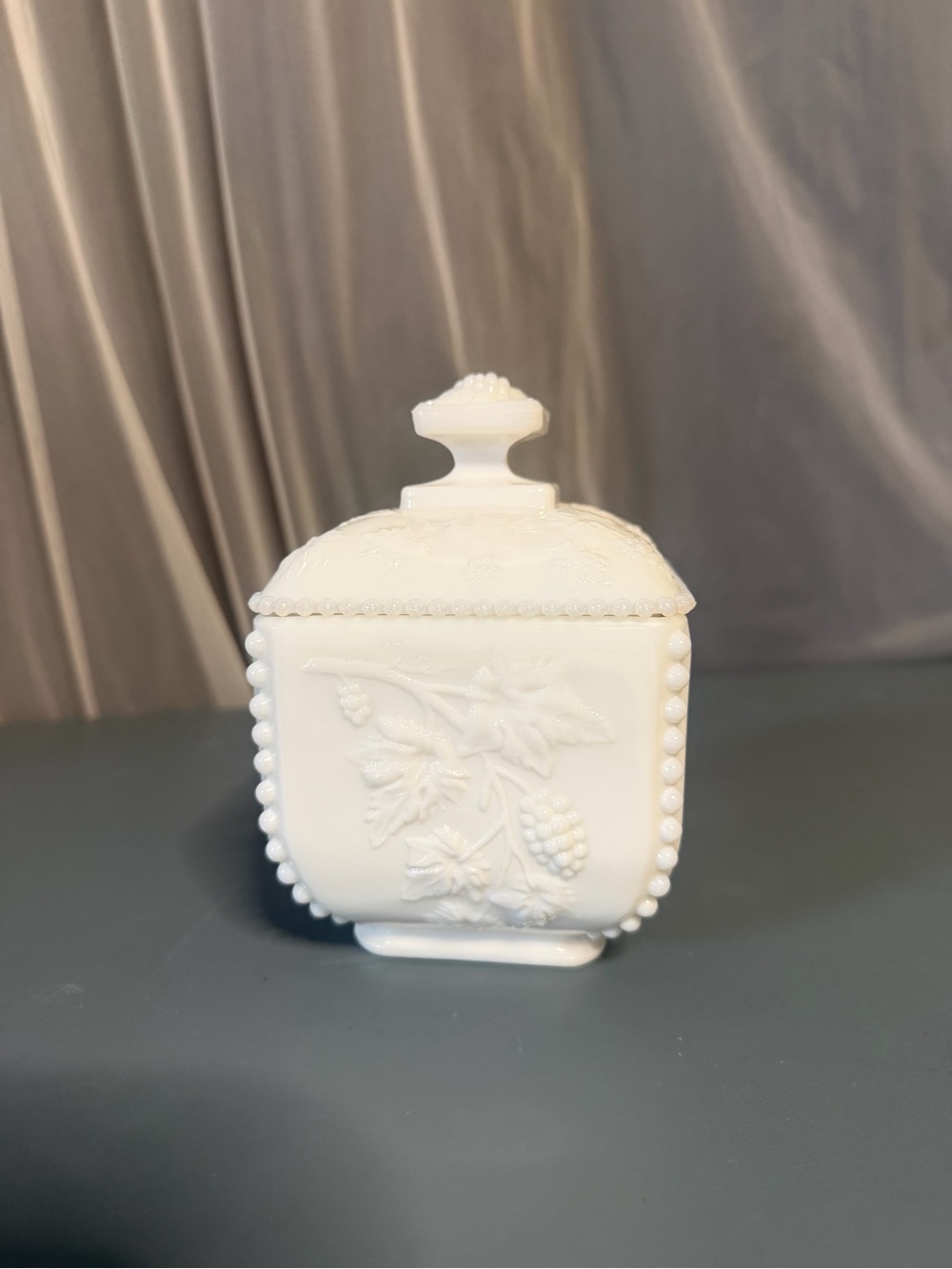White Milk Glass Style Covered Trinket Box – Grape & Vine Design – Marked AW